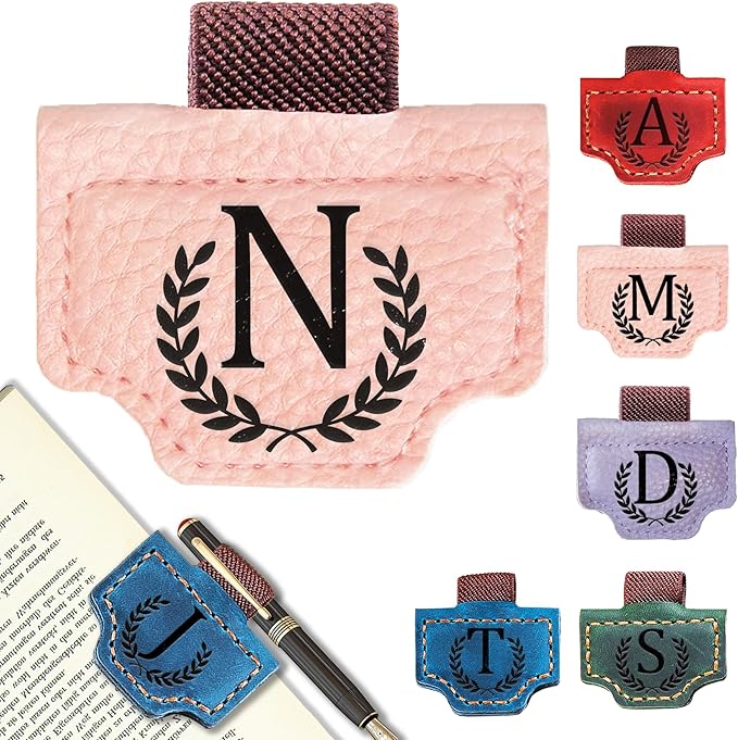 Personalized Bygone Mark Bookmark with Pen Holder, Leather Magnetic Bookmark 26 Letters Name Initial Bookmarks for Readers, Book Lover Gifts for Women Men Notebook Accessories (Pink, N)