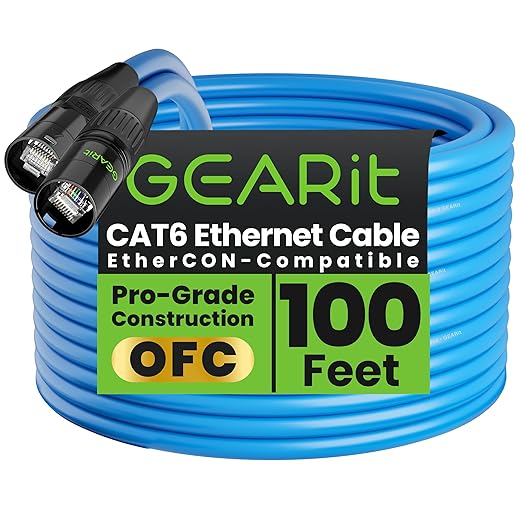 GEARit Shielded CAT6 Ethercon Cable (100 Feet) Professional Audio & Lighting RJ45 EtherCON-Compatible Cable for Studio, Stage, Concerts - 100ft Blue