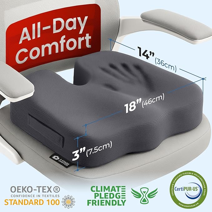 5 STARS UNITED Seat Cushion for Tailbone Pain Relief – Memory Foam Lifting Pillow for Coccyx, Hip, Hemorrhoid, Sciatica & Post-Surgery Recovery – Wheelchair, Car, Desk, Gaming & Office Chairs, D Gray