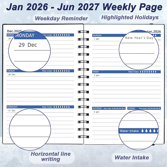 Daily Planner 2026-2027, 2026 Planner Weekly and Monthly, Jan 2026-Jun 2027, 18 Month Agenda Planner with Tabs Sticker, A5 Size, Black