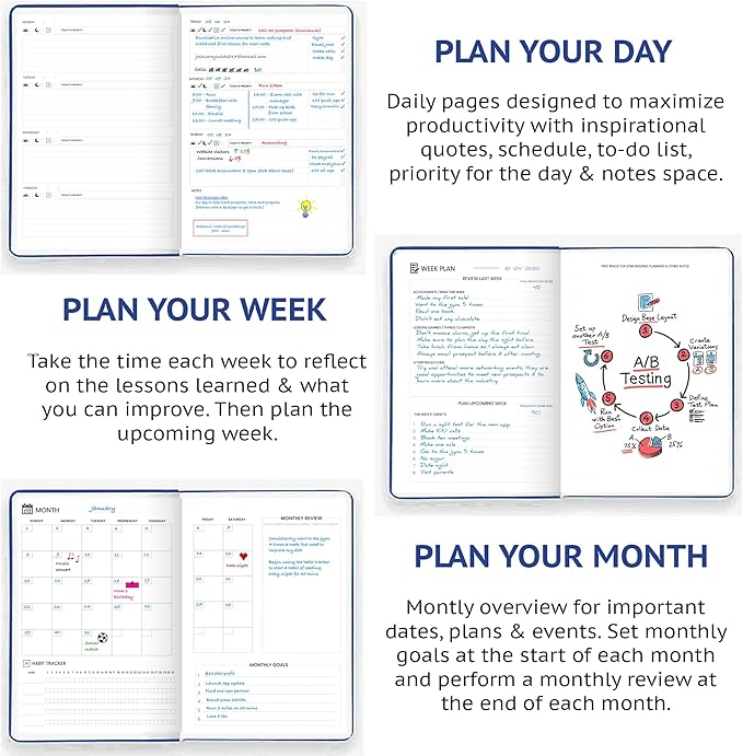 Undated Daily Planner – 1-Year B5 Productivity Organizer with Two-Page Weekly Spread, Goal Setting, Habit Tracker, Weekly & Monthly Pages – Hardcover Time Management Notebook (Blue)