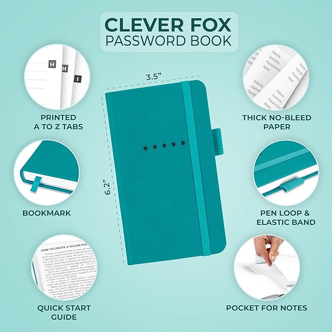 Clever Fox Password Book – Alphabetized Internet Address & Password Organizer - Computer & Website Password Keeper Notebook – Log-In Password Journal – Pocket, 6.2x3.5″, Hardcover (Turquoise)