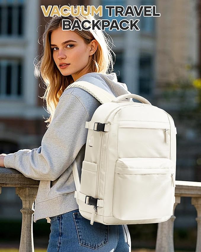 Vacuum Travel Backpack with Pump for Women,Personal Item Carry on Backpacks Flight Approved 18x14x8 inches for Men,Laptop Waterproof Work Compression bags Casual Daypack. Beige.
