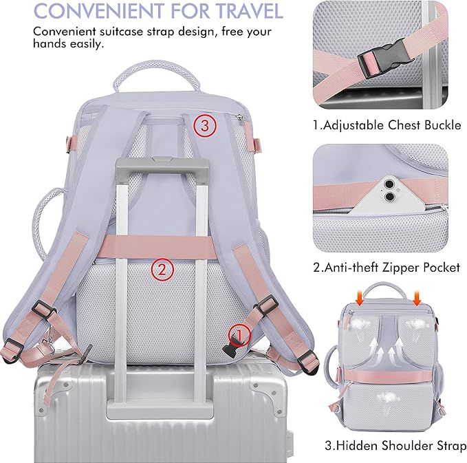 Beraliy Travel Backpack for Women, Airline Approved Backpack, Carry On Backpack,17.3 Inch Laptop Backpack,Personal Item Bag for College Weekender Business Hiking, Purple