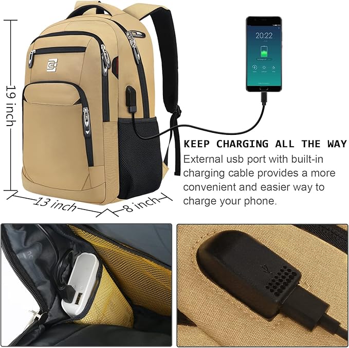 Laptop Backpack,Business Travel Anti Theft Slim Durable Laptops Backpack with USB Charging Port,Water Resistant College Computer Bag for Women & Men Fits 15.6 Inch Laptop and Notebook-Khaki