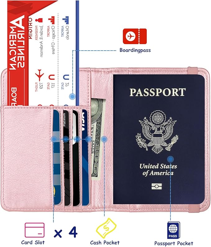 TOURSUIT RFID Passport and Vaccine Card Holder Combo, Travel Document Case Cover, Leather Wallet Organizer Women with Vax Vaccination Protector Slot (Rose Gold)