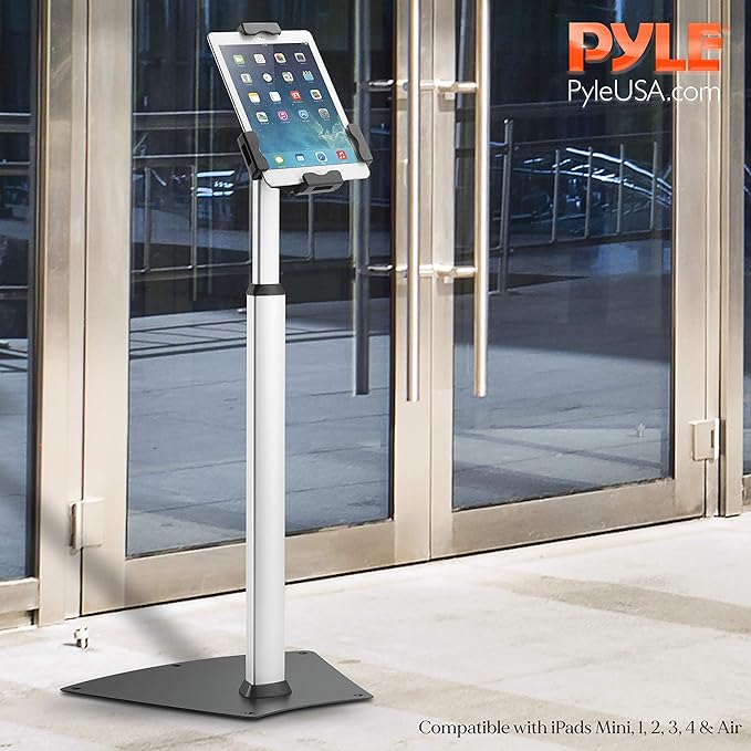 Pyle Anti-Theft Tablet Security Stand Kiosk-Heavy Duty Aluminum Metal Floor Standing Mount Tablet Case Holder Display w/Height Adjustable Pole,Fits iPad Mini 2 3 4 Air Samsung Tablets-Pyle PSPADLK60