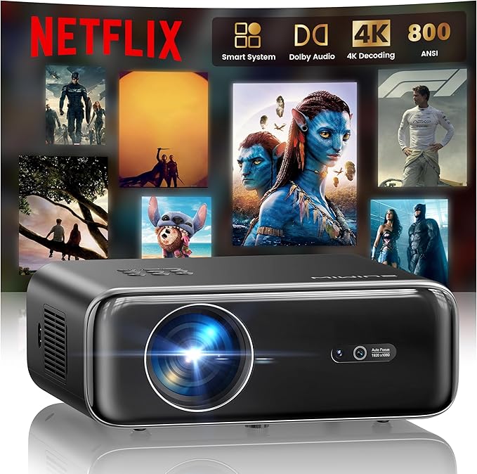 [Netflix-Licensed/4K Supported] Smart Outdoor Projector with WiFi6 and Bluetooth, 800ANSI Movie Projector, DoIby Audio with Dual Speakers, AI Auto Focus with Built-in Apps Proyector, Upgraded P62 Pro