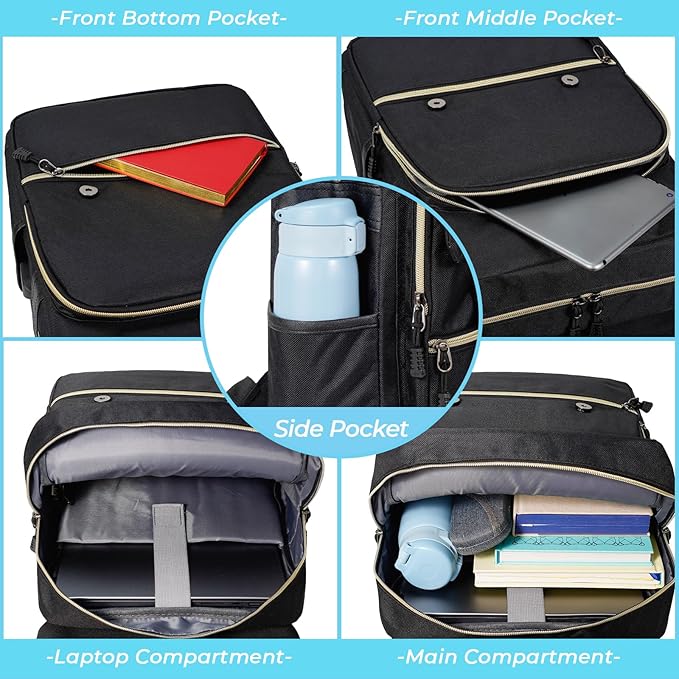 Ronyes Vintage Laptop Backpack for Women Men,15.6 inch Bookbag Casual Daypack with USB Charging Port for College Work, All Black Backpacks