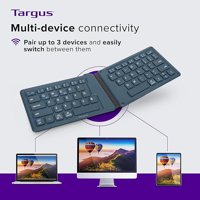 Targus Ergonomic Foldable Bluetooth Keyboard, Split Travel Keyboard Wireless, Rechargeable Portable Wireless Keyboard for Android iPhone Microsoft & Apple Tablets, Blue (PKF00302US)
