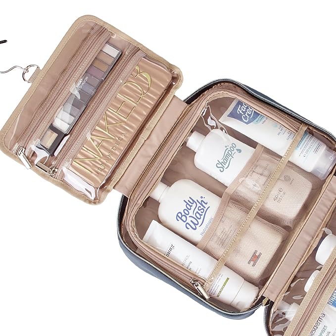 NISHEL Travel Toiletry Bag for women, Portable Hanging Organizer for Full-Sized Shampoo, Conditioner, Brushes Set, Makeup Accessories, Large Size, Aegean-Blue