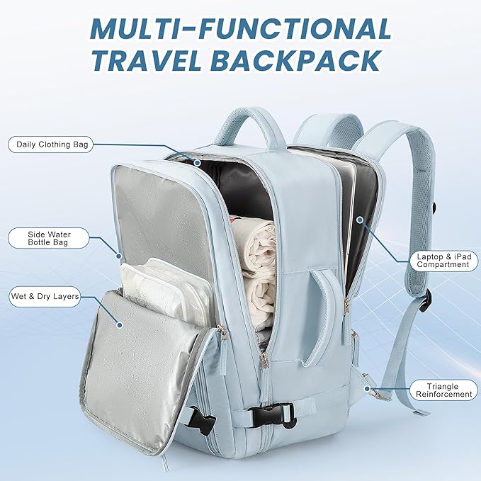Beraliy Travel Backpack for Women Men, Carry On Backpack, 16 inch Laptop Backpack, Waterproof Casual College Daypack for Weekender Overnight Hiking, Light Blue