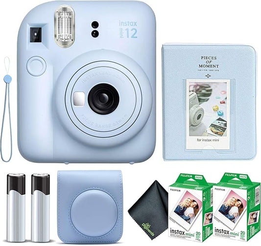Fujifilm Instax Mini 12 Instant Camera Pastel Blue Bundle with Fuji Instax Mini Film Value Pack (40 Sheets) + Protective Carrying Case + Photo Album + Microfiber Cleaning Cloth