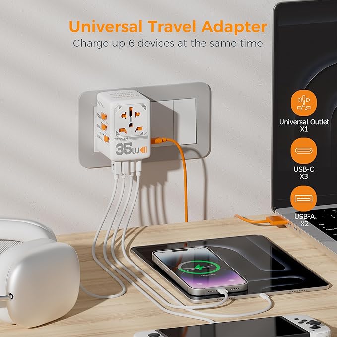 TESSAN Universal Travel Adapter 35W, International Plug Adaptor with 3 USB C and 2 USB A Charging Ports, Worldwide Power Outlet for US to European EU UK AUS Ireland(Type C/G/A/I)