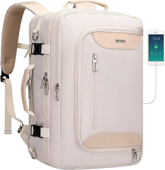 PIJUSHI Travel Backpack for Women Flight Approved Carry on Bag 16 inch Laptop Personal Item Daypack with Shoe Compartment(PE038 Beige)