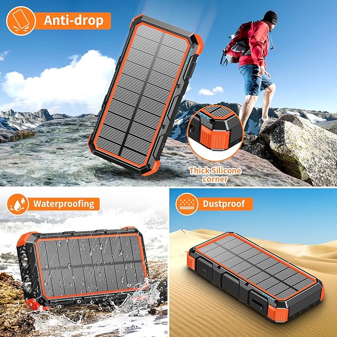 Solar Charger Power Bank 49800mAh Wireless Charger QC 3.0 Fast Charging Power Bank 8 Outputs 4 Inputs Solar Portable Charger Compatible with All Mobile Devices,SOS/Strobe/Strong Flashlights (orange)