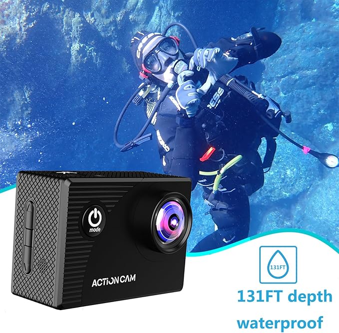 Action Camera 1080P 30fps Sports Camera 40m/131ft Underwater Waterproof with 2 Batteries and Multi-Function Accessory