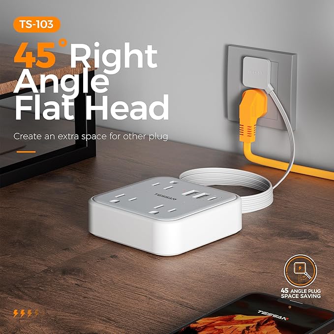 TESSAN Ultra Thin Flat Extension Cord 5 FT, Slim Power Strip with USB Ports (1 USB C), Surge Protector Flat Plug Wall Charger with 3 Outlets for Office, School, Dorm Room Essentials