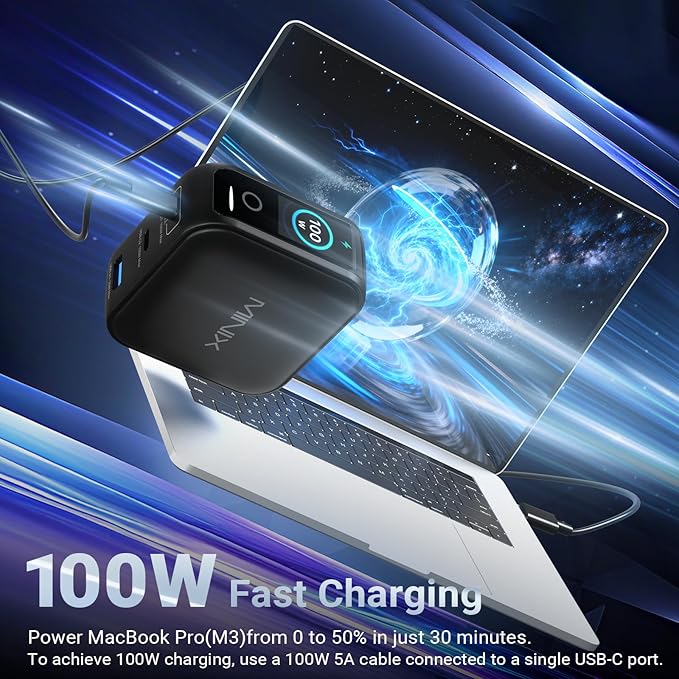 MINIX 100W USB C Charger, 3 Port GaN Charger with Smart Display and Touch Control, Powerful 100W Fast Charging for MacBook pro, iPhone 17/16 Series, Samsung Galaxy, Pixel, Laptop, and More