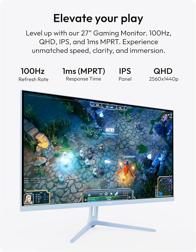Pixio PX275 Wave Blue 27 inch 100Hz Refresh Rate QHD 1440p Resolution IPS Panel 1ms MPRT Response Time Gaming Monitor with Adaptive Sync
