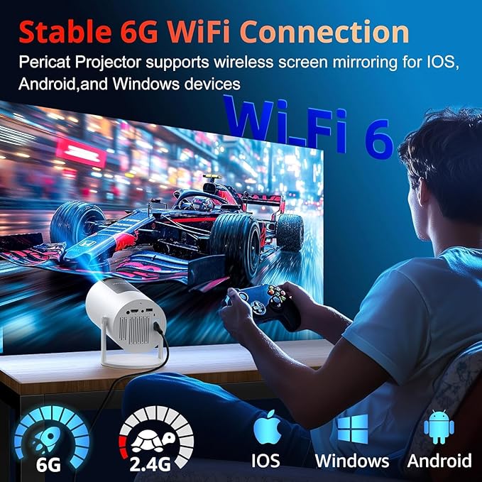 Projector with WIFI and Bluetooth, Auto Keystone 180ANSI Native 1080P Outdoor Movie Portable Projector Compatible with Smartphone, HDMI, USB, AV, TV Stick, PS5 for Home, Bedroom, Outdoor Use