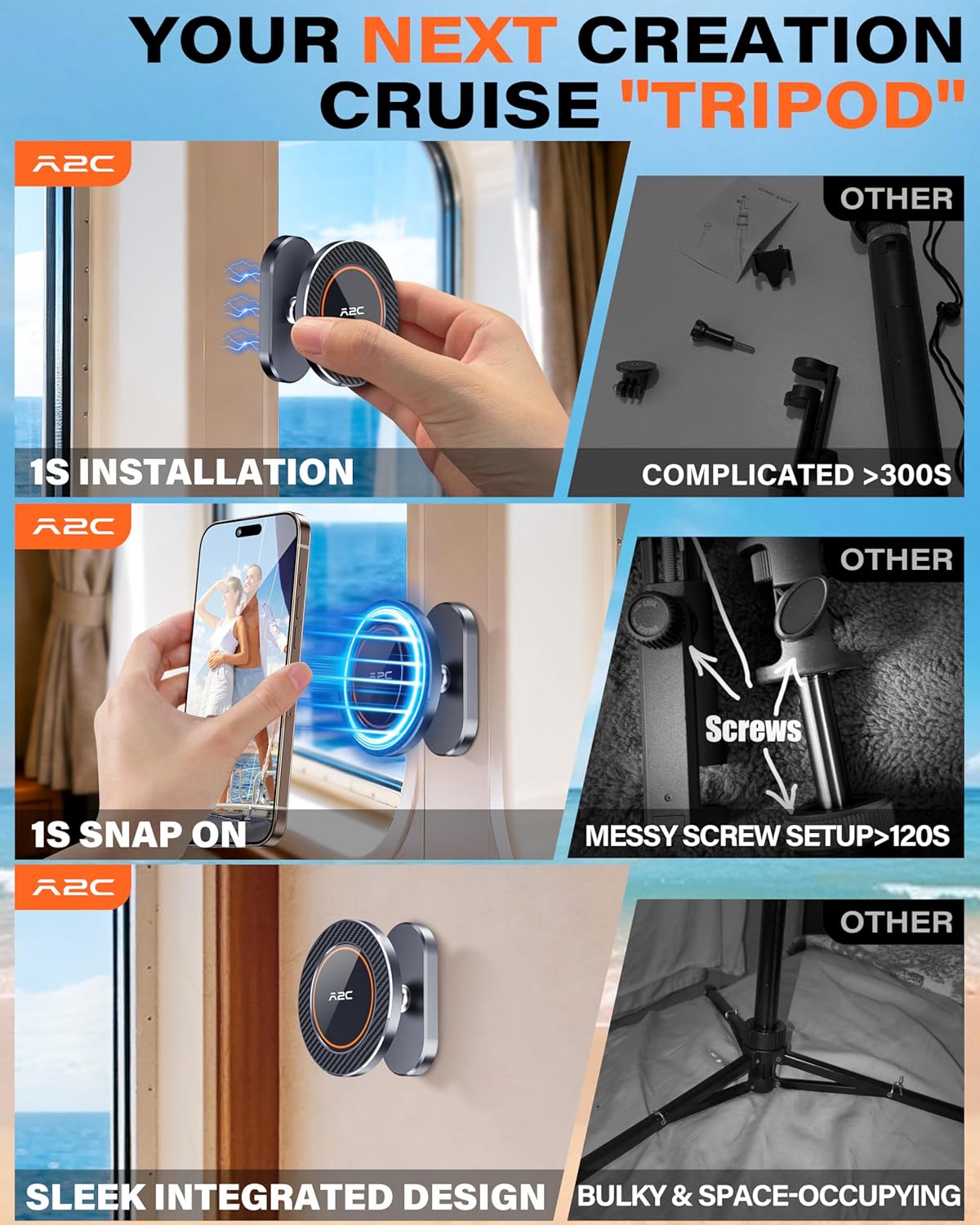 A2C Cruise Alloy Phone Holder Mount Magnetic Travel Tripod for Cabin Wall, Cruise Essentials 2025, Versatile Cloth Hat Bag Hooks, 2026 Cruise Ship Accessories Gift Compatible with MagSafe iPhone 12-17