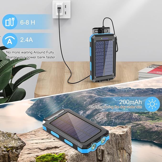 Solar Charger, 20000mAh Portable Type-C Solar Power Bank with 4 Cables, Waterproof Battery Pack, Outdoor External Backup Power Charger Six Outputs/LED Flashlights, Perfect for Camping Travel