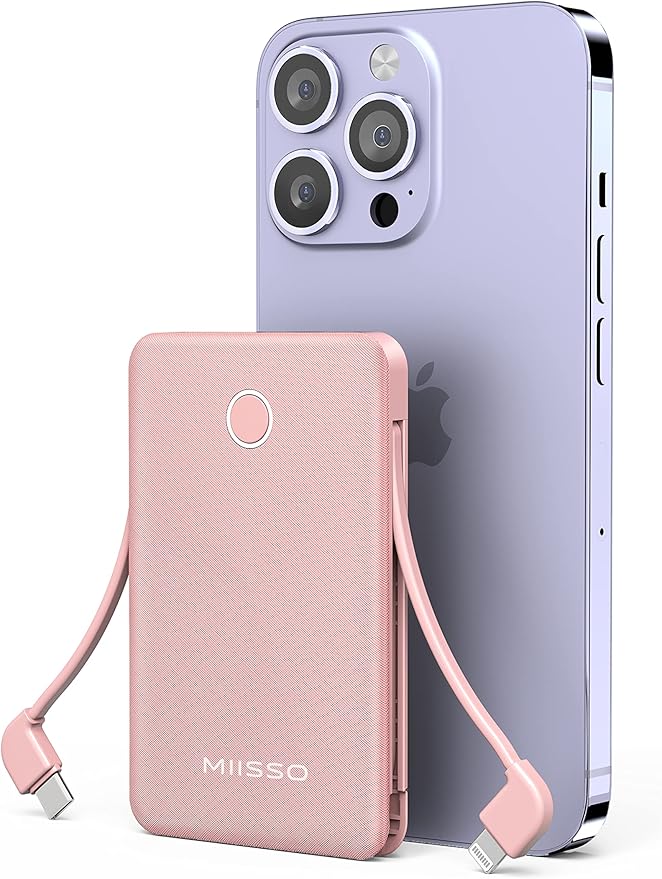 6000mah Ultra Slim Built in Cables Power Bank, Card Size Built in USB C Cords Battery Pack Portable Charger for Phones, 3 Output External Battery Pack Compatible with iPhone, Samsung, Google, Pink