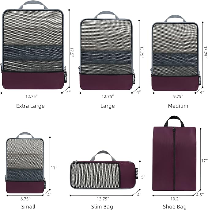 BAGAIL 4 Set/6 Set/8 Set Compression Packing Cubes Travel Accessories Expandable Packing Organizers (Half Mesh, 6-Burgundy)