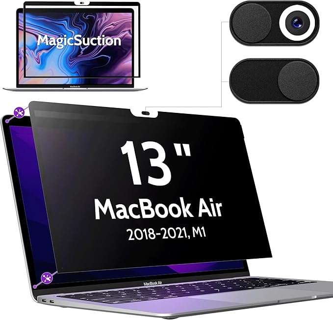 Privacy Screen for MacBook Air 13 Inch (2018-2021, M1) & MacBook Pro 13 In (2016-2022, M1, M2), MagicSuction™ Removable Anti Spy Black Protector, Glare Blue Light Filter for Mac Laptop Computer