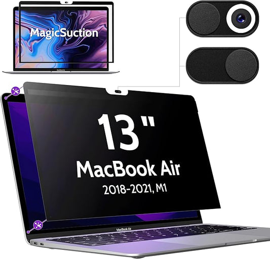 Privacy Screen for MacBook Air 13 Inch (2018-2021, M1) & MacBook Pro 13 In (2016-2022, M1, M2), MagicSuction™ Removable Anti Spy Black Protector, Glare Blue Light Filter for Mac Laptop Computer