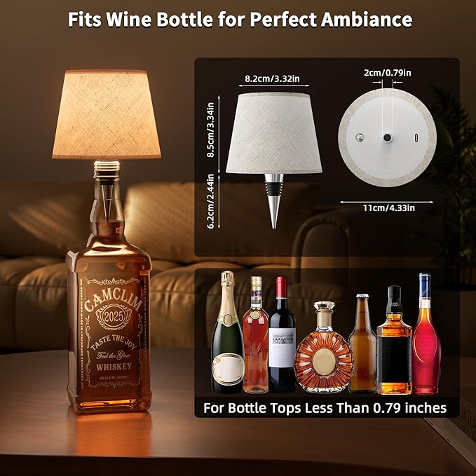 Wireless Wine Bottle Lamp Shade: Liquor Bottle Stopper Light with Remote Control Dimmable Cordless Portable Rechargeable Led Battery Operated Whiskey Bottle Lampshade for Bedside Bar Bedroom Decor