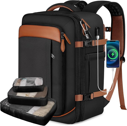 Vancropak 40L Travel Backpack for Women & Men, Large Expandable Carry on Backpack for Airplanes with 3 Packing Cubes, Airline Approved Water Resistant Anti Theft Travel Bag fit 17" Laptop, Black Brown