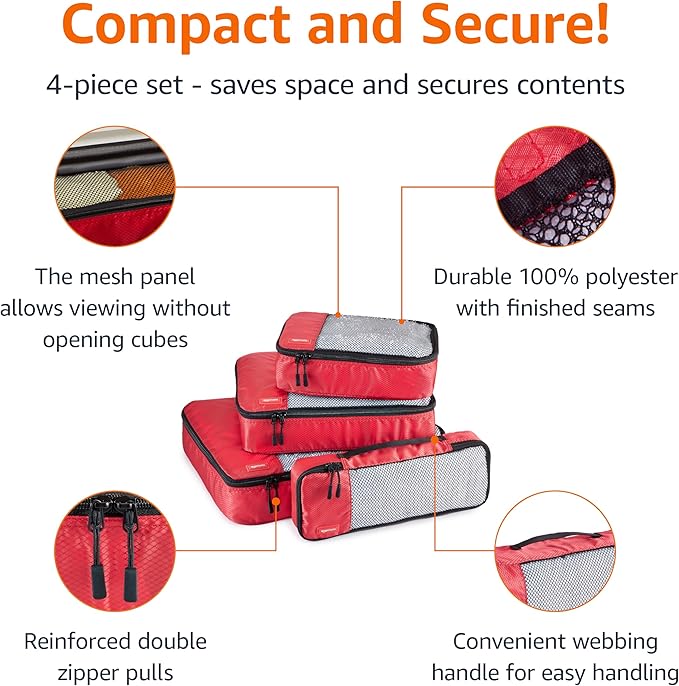 Amazon Essentials 4-Piece Packing Cubes Travel Accessories Set, Luggage Organizer with Double Zipper, Mesh Top, 100% Polyester, Small/Medium/Large/Slim, Red (Previously Amazon Basics)