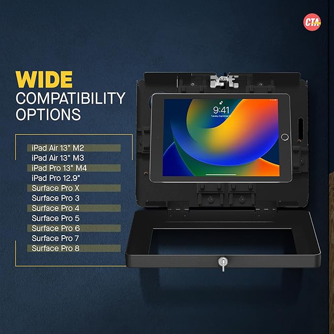 Locking iPad Wall Mount - CTA Anti-Theft Large Locking Tablet Enclosure w/ Key Lock and Interior Cable Routing for iPad Pro 12.9", Surface Pro 3, 4, 5, 6, 7, 8, X - Black - (PAD-PLWB)