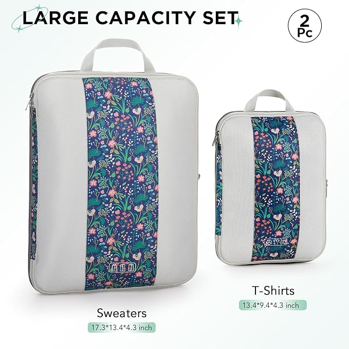 2 Set Compression Packing Cubes for Travel Essentials,Compressible Expandable Packing Cubes for Suitcase,OlarHike Luggage Organizer Bags for Travel(Dark Blue Floral)