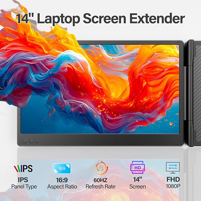 2025 New Upgraded Laptop Screen Extender Portable Monitor, 1080P FHD IPS Screen, Monitor Extender for Laptop, Fit for 13-17" Laptops, Plug & Play Compatiable with Windows/Mac/Android/Switch (14 inch)