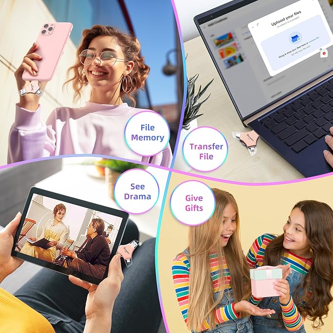 MFi Certified USB 3.0 Flash Drive 128GB for iPhone 3in1 External Memory Photo Keeper Storage Stick for Picture/Video/Data Saver/Backup High Speed Thumb/Jump/Hard Drives for iPad/Android/PC (Rose Pink)