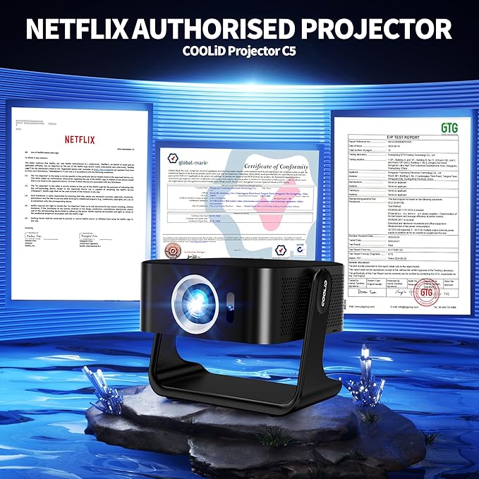 [Netflix-Licensed Projector] Projector 4K , 1080P Smart Mini Projector with WiFi & Bluetooth, Portable Outdoor Projector Auto Focus & Keystone, 270° Adjustable Stand for Home Movie Projector - Black