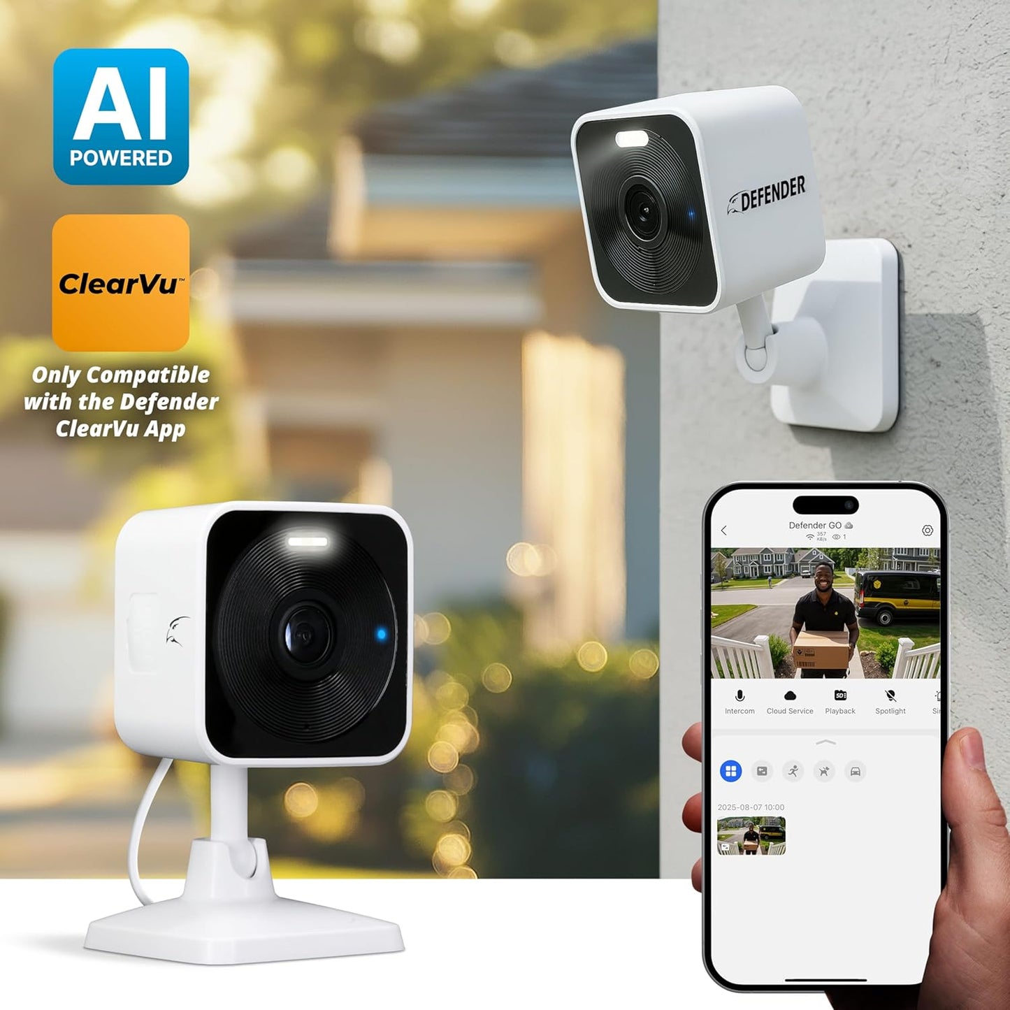 Defender GO 2K AI Powered Plug-in Indoor/Outdoor Home Business, Pet, Baby Camera, AI Detection, Dual Band Connection, Spotlight/Siren, Color Night Vision, 2-Way Talk, Works w/ClearVu App