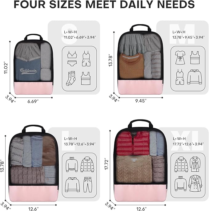 4 PCS Set Compression Packing Cubes for Travel, Lightweight Packaging Organizer Bags for Carry On Space Saving, Travel Essentials Cubes for Suitcase Backpack, Pink
