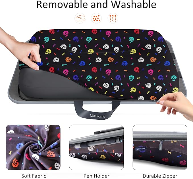 Millhome Lap Desk | Portable Laptop Desk – Fits Up to 17.3" Laptops – Detachable & Washable Cushion, Phone Holder, Device Ledge – for Writing, Working, Reading on Bed, Couch, Sofa, Floor – Black Skull