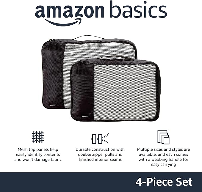 Amazon Essentials 4-Piece Packing Cubes Travel Accessories Set, Luggage Organizer with Double Zipper, Mesh Top, 100% Polyester, 2 Medium/2 Large, Black (Previously Amazon Basics)