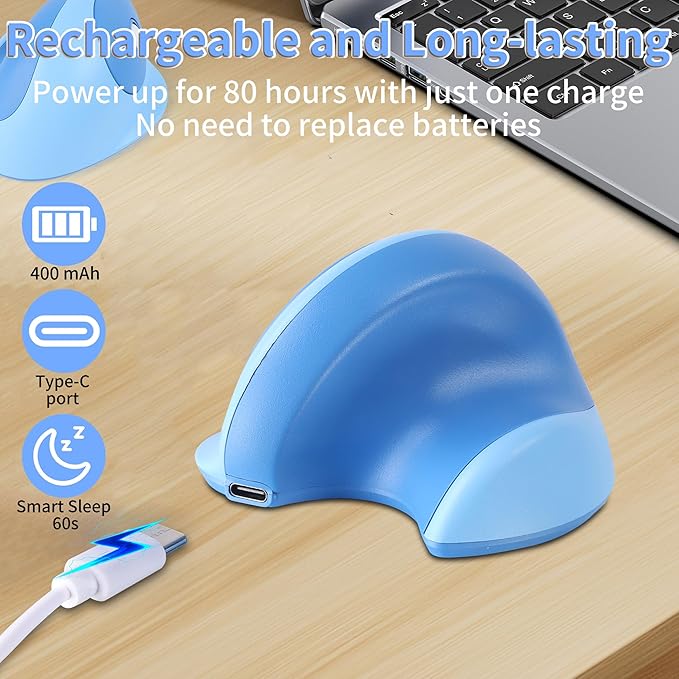 Wireless Mouse Ergonomic Vertical Mouse with Bluetooth & 2.4GHz USB Receiver 3 Buttons Rechargeable Silent Portable Optical USB Cordless Mice for Laptop PC Desktop Tablet Kids Adults Gifts (Blue)