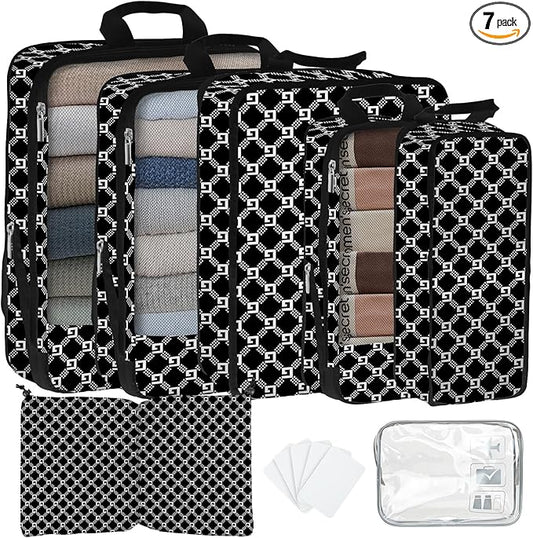 7 Pcs Compression Packing Cubes for Travel, Waterproof Suitcase Luggage Backpack Organizer with Toiletry Bag Travel Essentials for Women/Men-Plaid