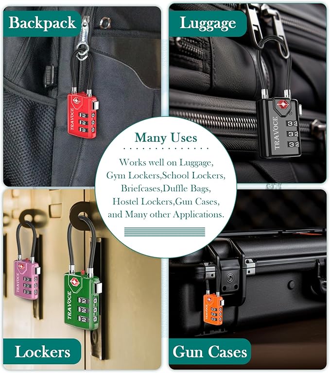 Search Alert TSA Approved Travel Combination Luggage Cable Locks for Suitcase, Gym Locker,Toolbox,Backpack 1,2,4,6 &10 pk (Black 3 Pack)