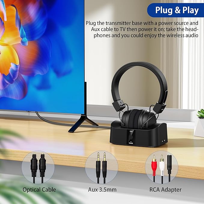 BESIGN BTH02 Wireless Headphones for TV Watching with Bluetooth Transmitter Charging Dock, TV Headphones Wireless for Seniors, Bluetooth Headsets, 100ft Range No Audio Delay