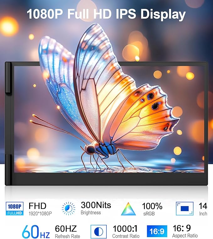 Laptop Screen Extender, Ultra-Thin 14" FHD 1080P Portable Monitor for Laptop, 1.3lbs Lightweight Dual Monitor Extender Plug & Play for 13"-17" Laptops, Compatible with Wins/Mac/Android/Chrome