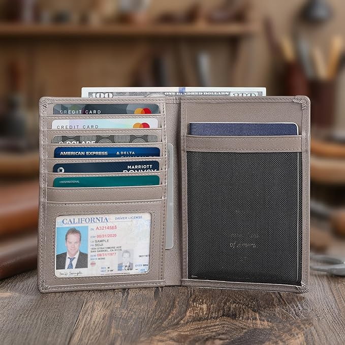 Polare Luxury RFID Blocking Leather Passport Holder Travel Wallet For Men and Women (Grey with AirTag Slot)