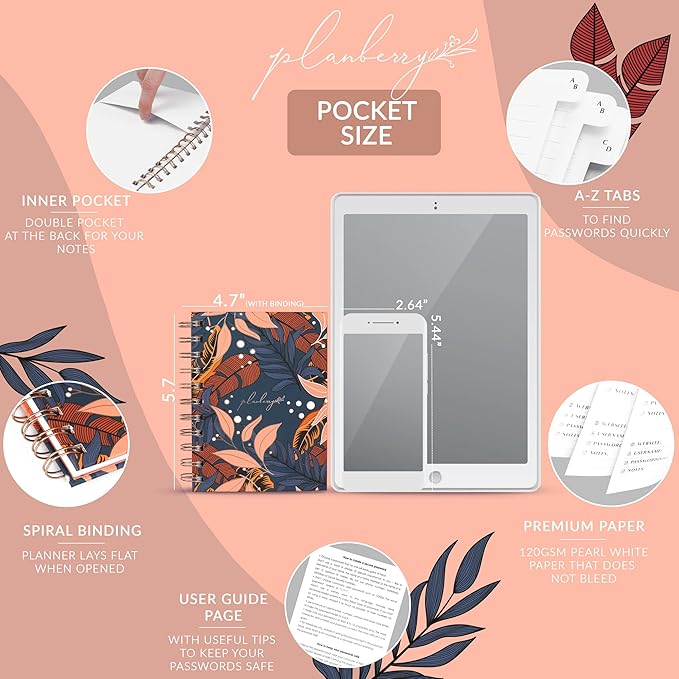 PLANBERRY Password Book Premium – Small Internet Address Organizer with A-Z Tabs – Pocket Website Password Keeper with Alphabetical Tabs – 4.7x5.7″, Hardcover (Tropical Night)